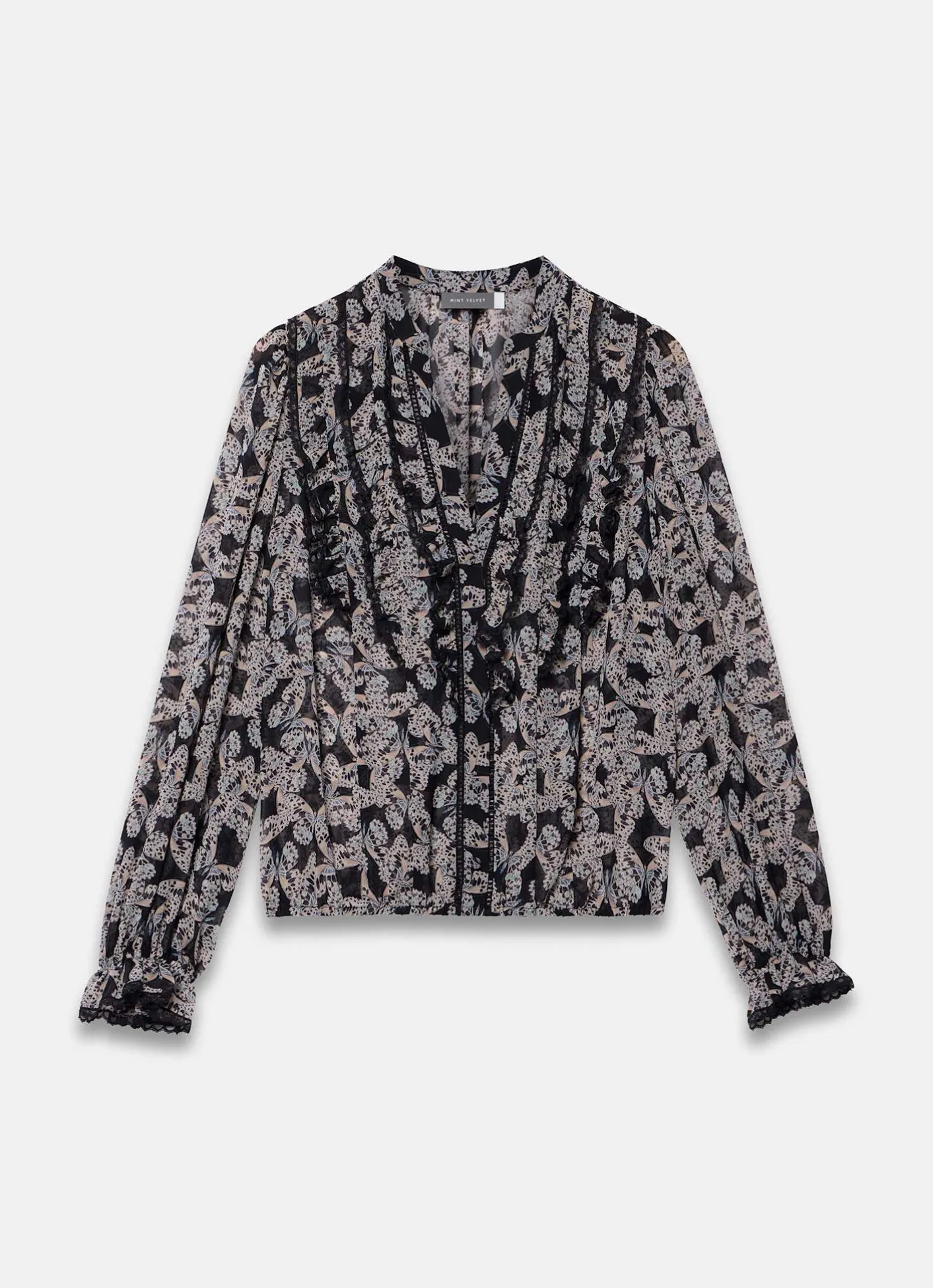 Hot Black Butterfly Print Ruffle Blouse Shirts & Blouses