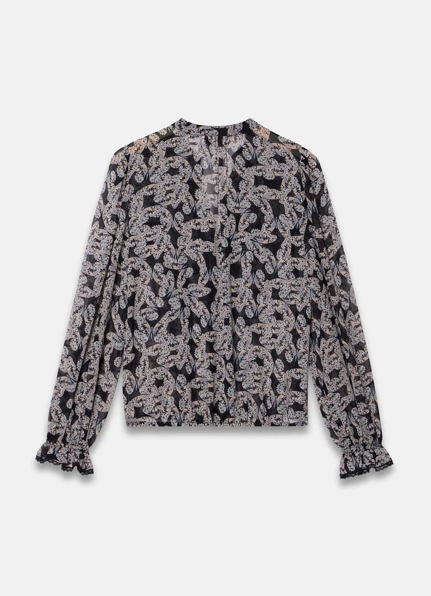 Hot Black Butterfly Print Ruffle Blouse Shirts & Blouses