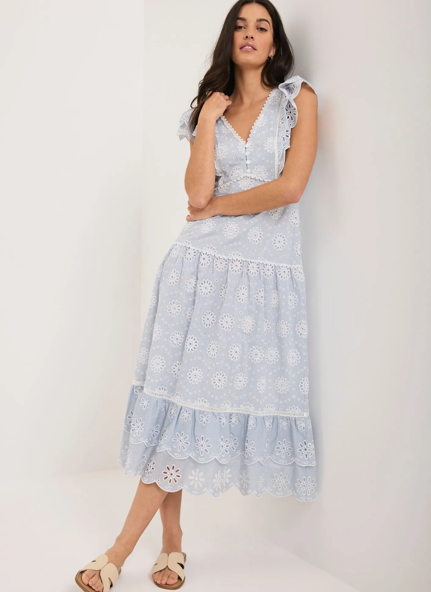 Best Striped Broderie Midi Dress Summer Dresses|Midi Dresses