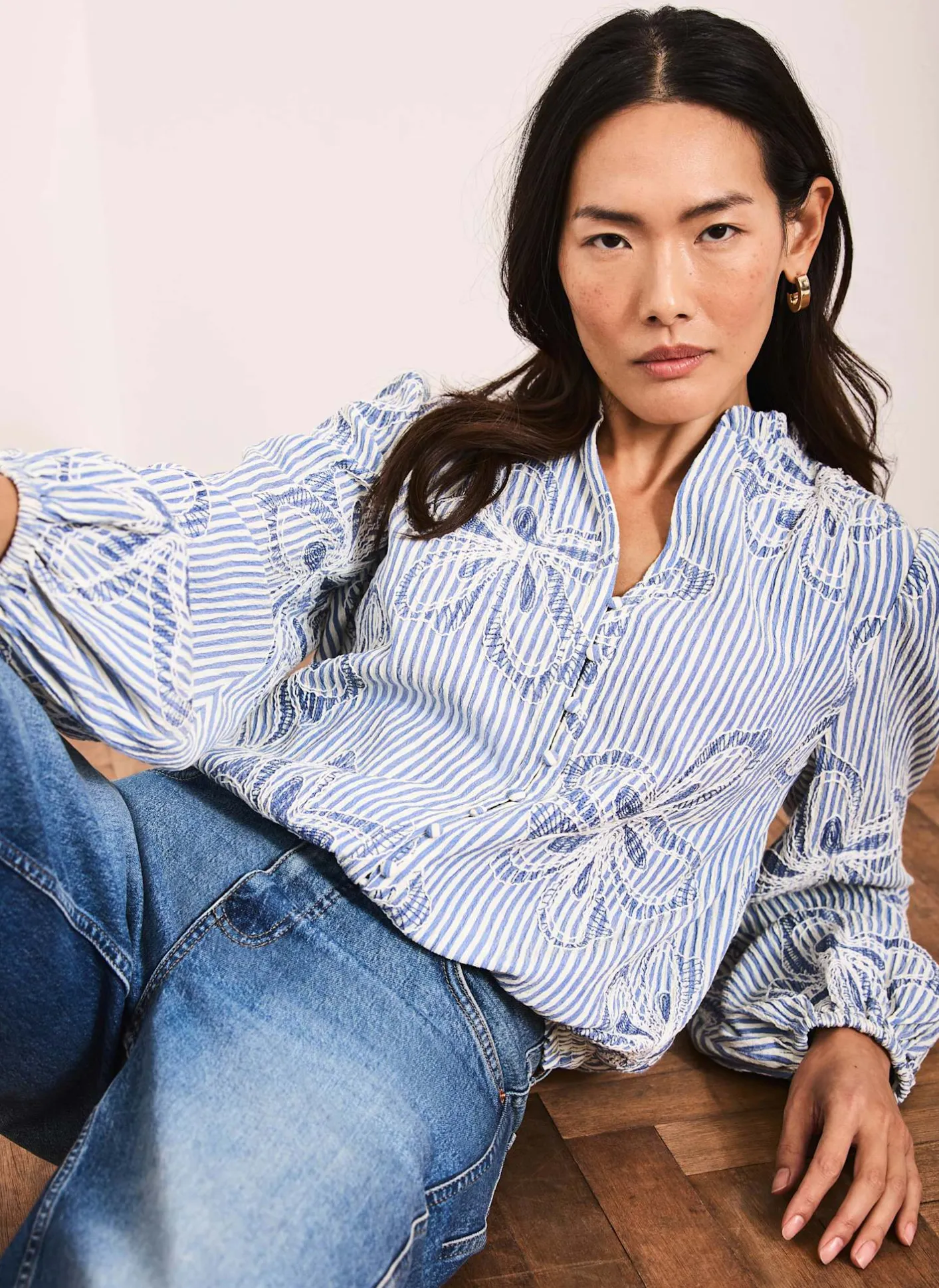 New Striped Embroidered Floral Blouse Shirts & Blouses