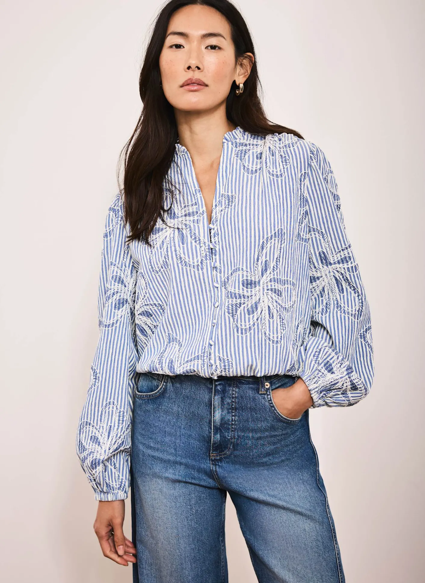 New Striped Embroidered Floral Blouse Shirts & Blouses