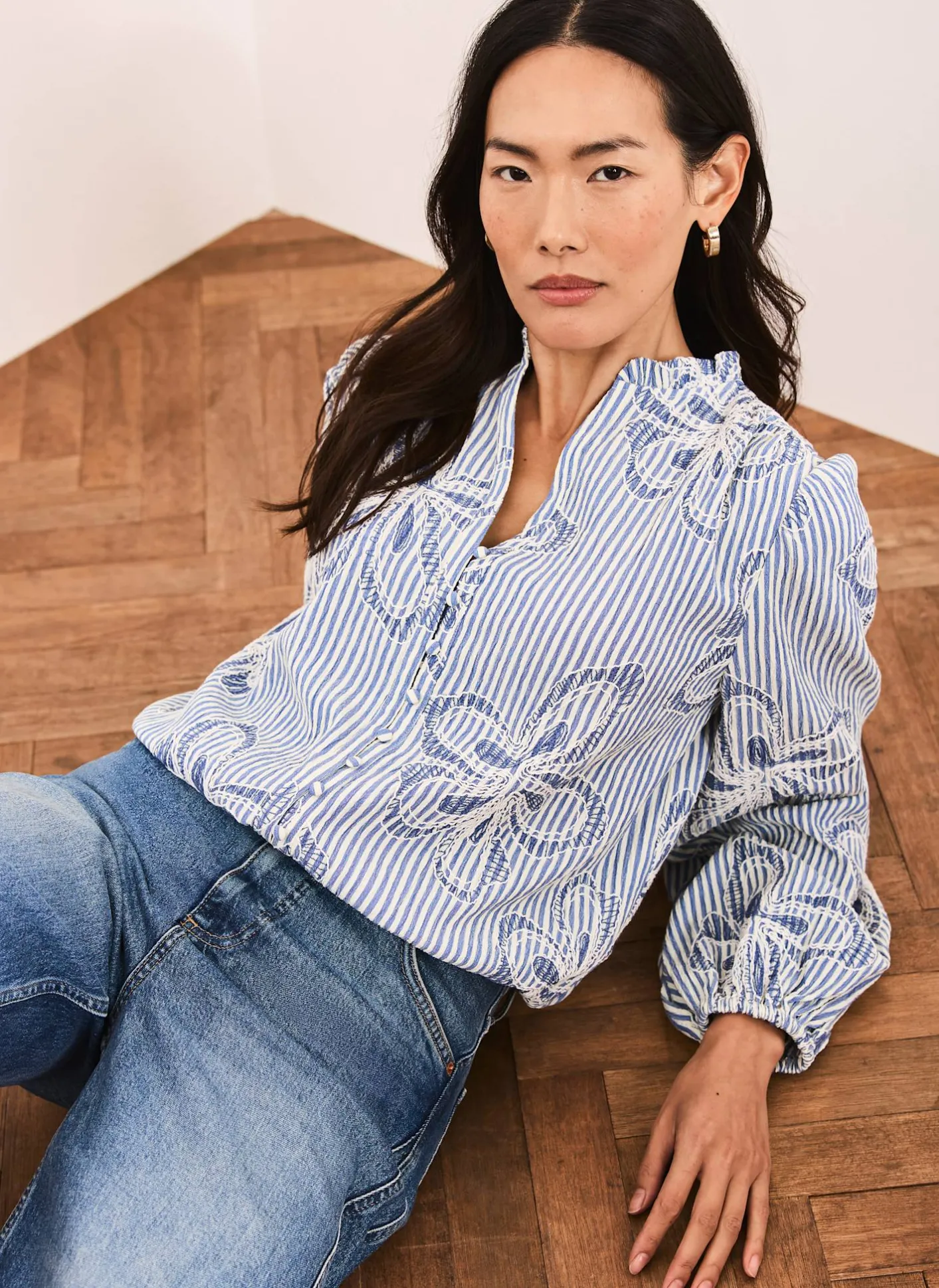 New Striped Embroidered Floral Blouse Shirts & Blouses