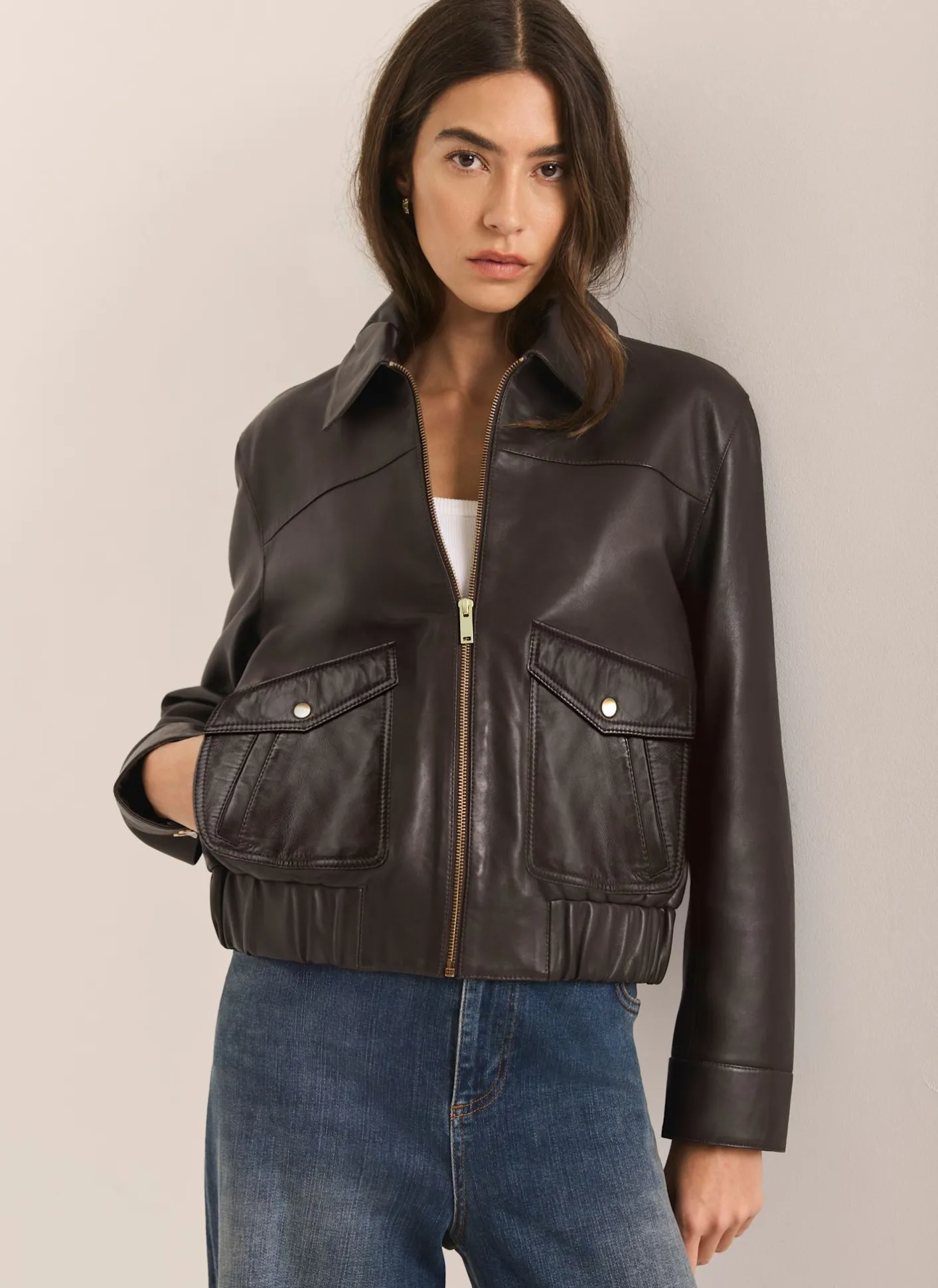 Discount Leather Collared Bomber Jacket Jackets|Leather & Suede Jackets