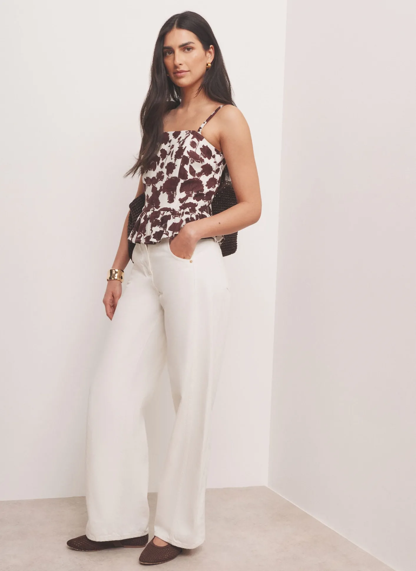 Clearance Brown Linen Blend Floral Print Top All Tops|Tops