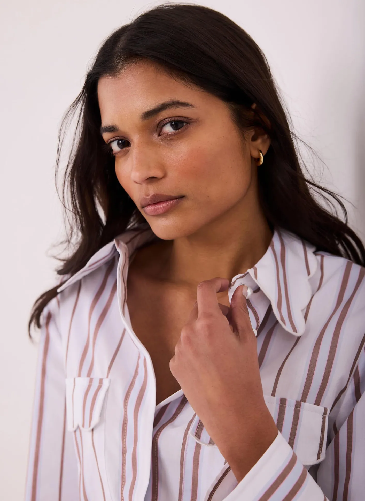 Discount Striped Cotton Scallop Detail Shirt Shirts & Blouses