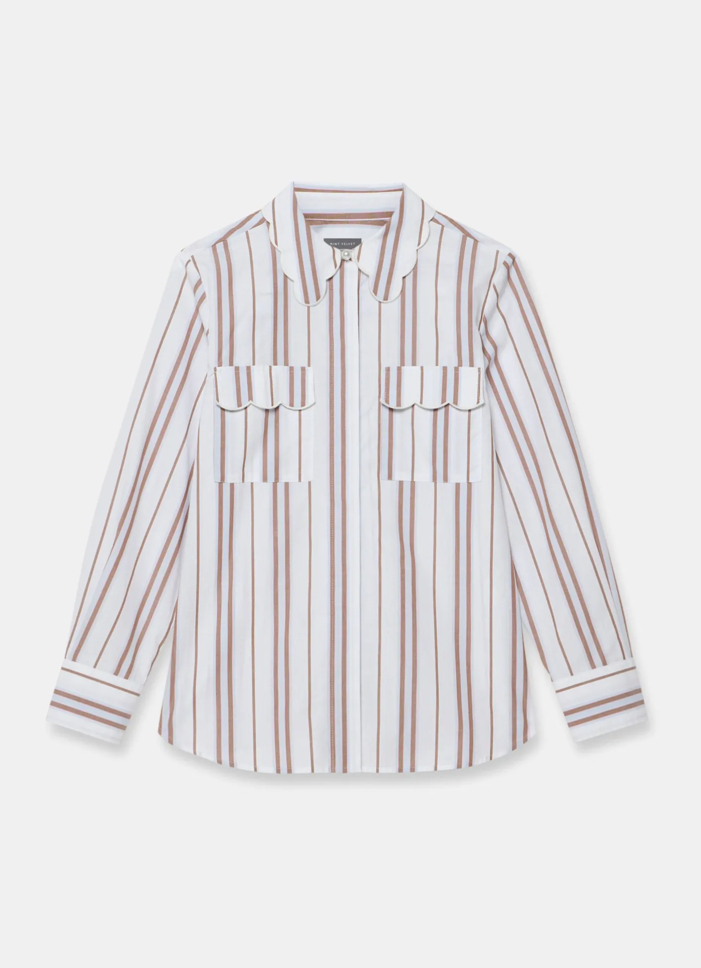 Discount Striped Cotton Scallop Detail Shirt Shirts & Blouses