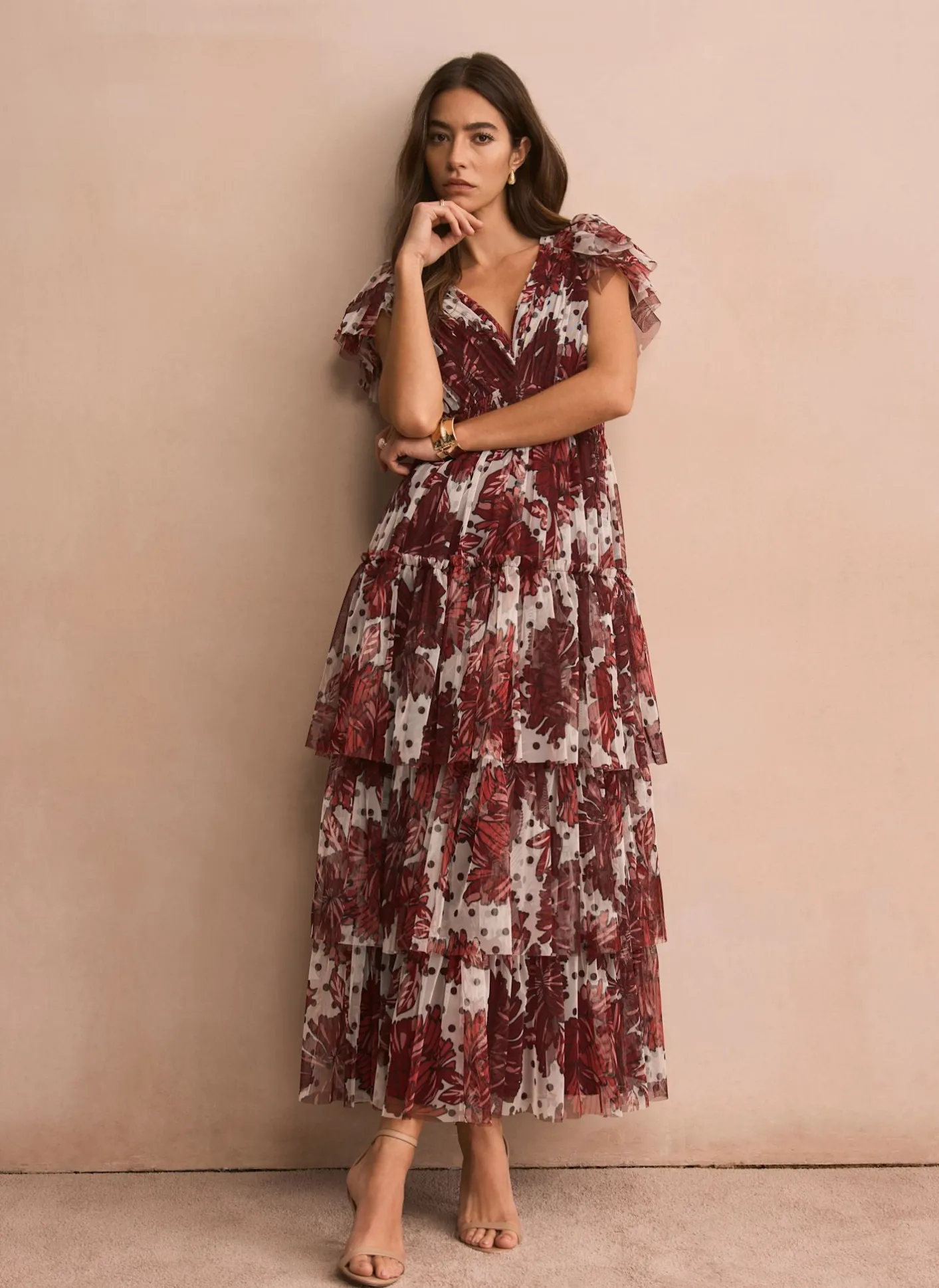 Hot Burgundy Floral Print Tulle Maxi Dress Occasion Dresses|Occasion Dresses