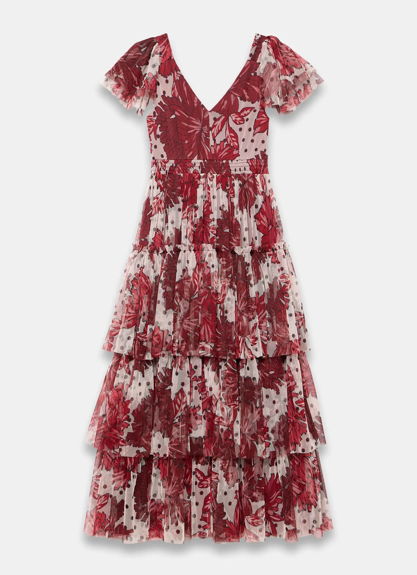 Hot Burgundy Floral Print Tulle Maxi Dress Occasion Dresses|Occasion Dresses
