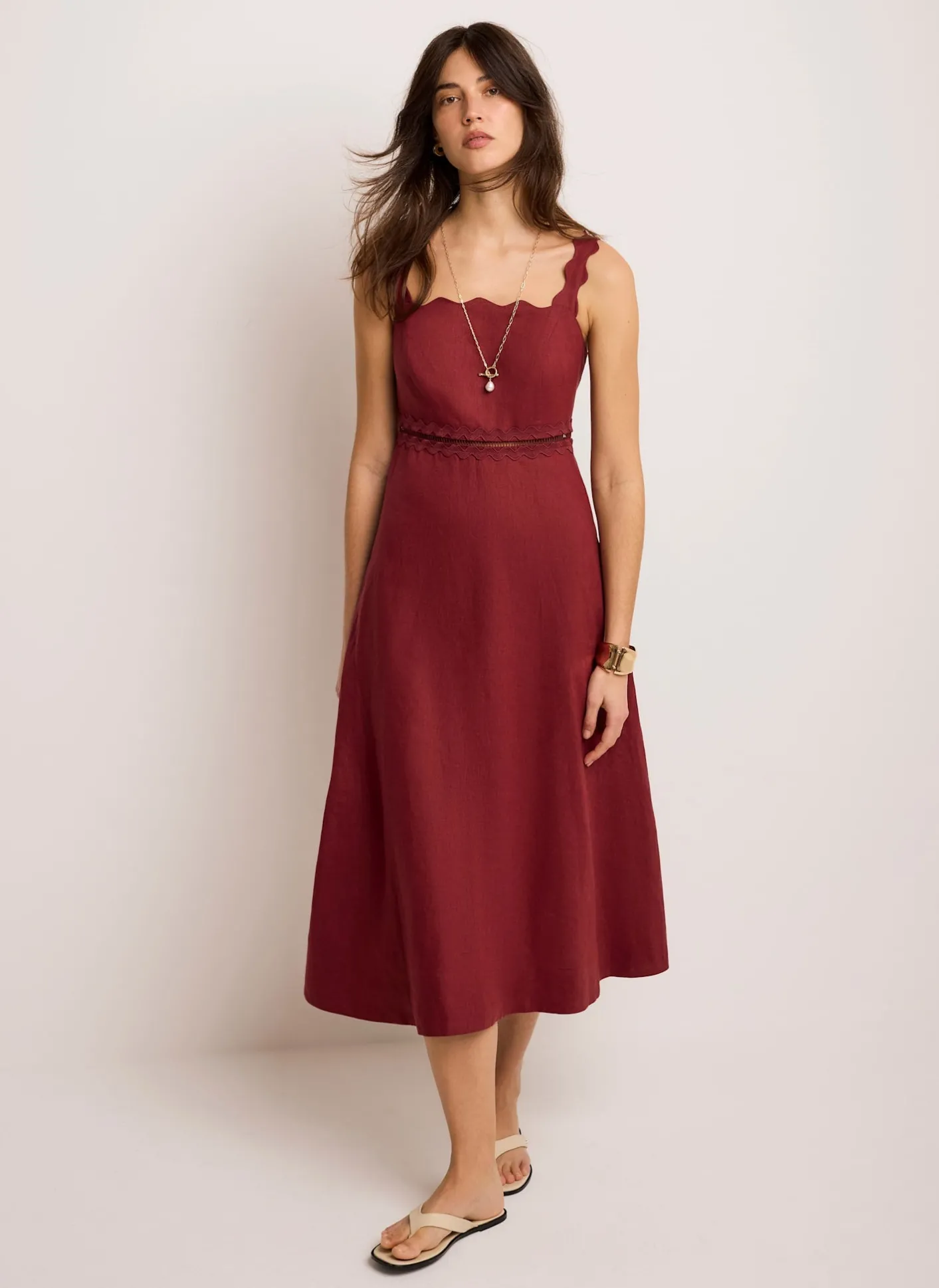 Linen Scallop Trim Midi Dress Summer Dresses|Midi Dresses