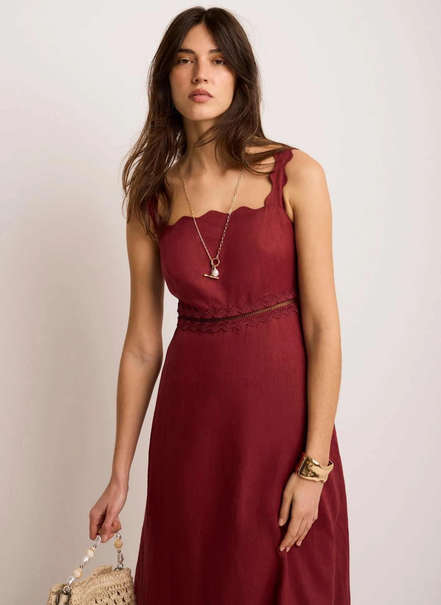 Linen Scallop Trim Midi Dress Summer Dresses|Midi Dresses