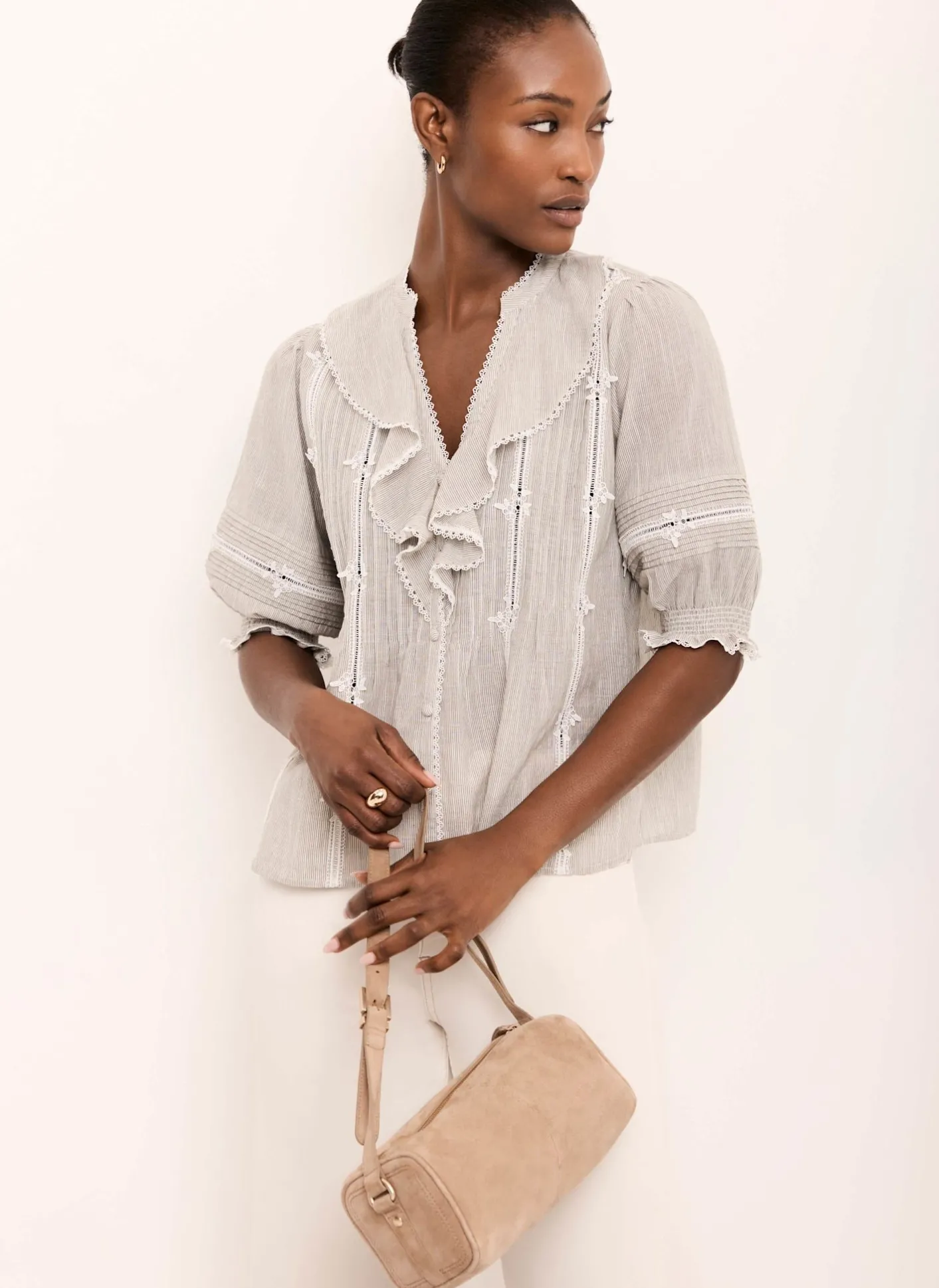 Cotton Stripe Ruffle Blouse Shirts & Blouses