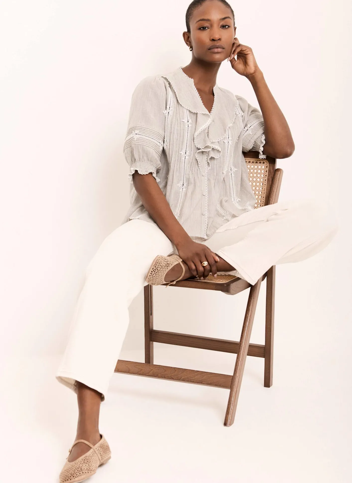Cotton Stripe Ruffle Blouse Shirts & Blouses