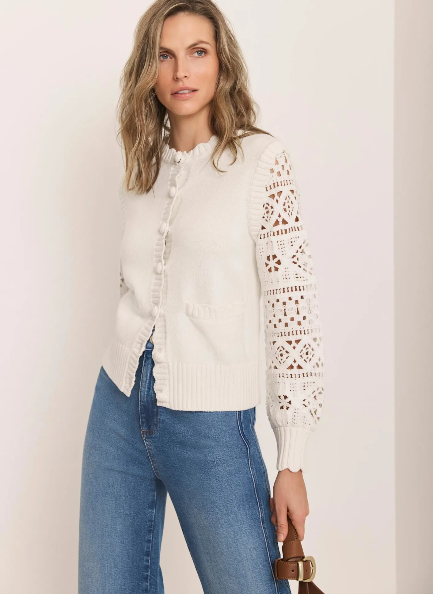 Sale Cream Cotton Blend Crochet Cardigan Cardigans|Crochet