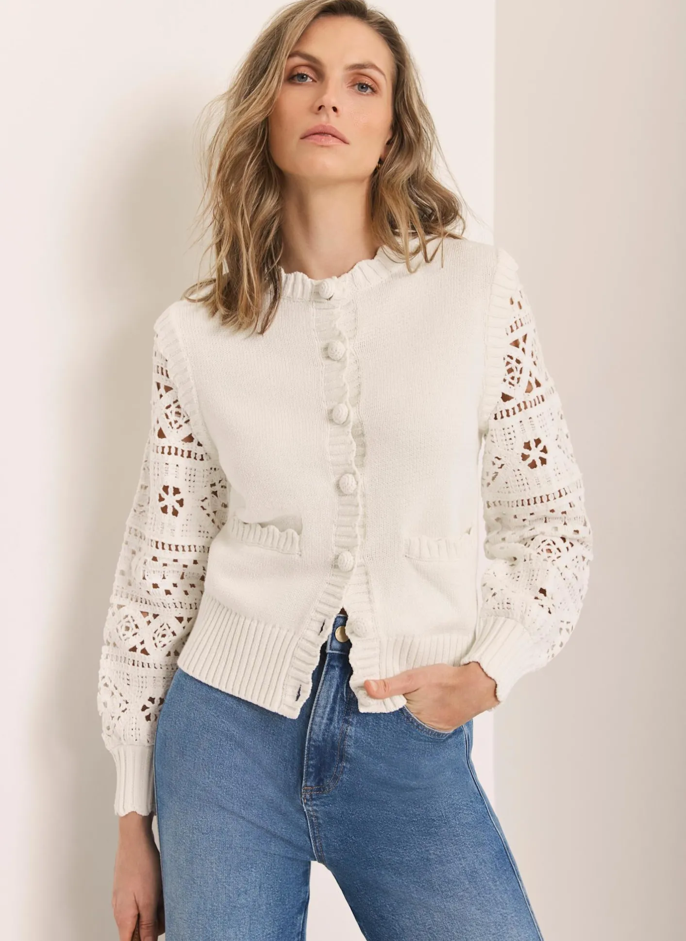 Sale Cream Cotton Blend Crochet Cardigan Cardigans|Crochet