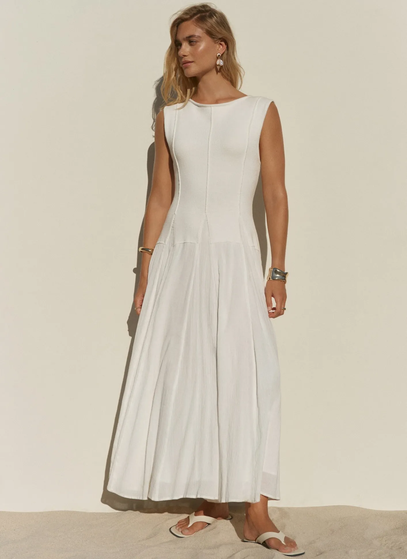 Sale Cream Cotton Blend Drop Waist Maxi Dress Summer Dresses|Maxi Dresses