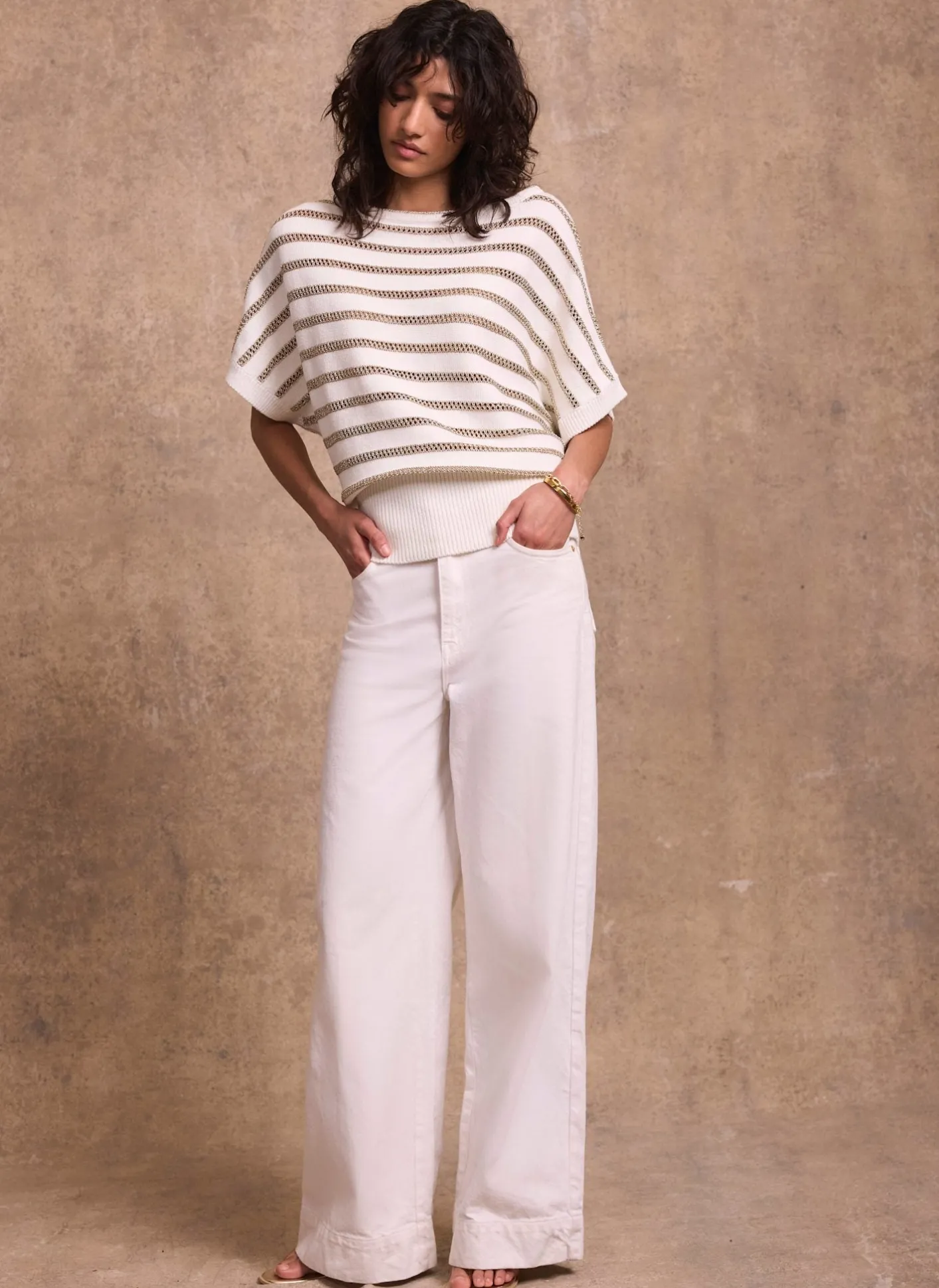 Online Cream Cotton Blend Metallic Stripe Top Jumpers|Jumpers & Cardigans