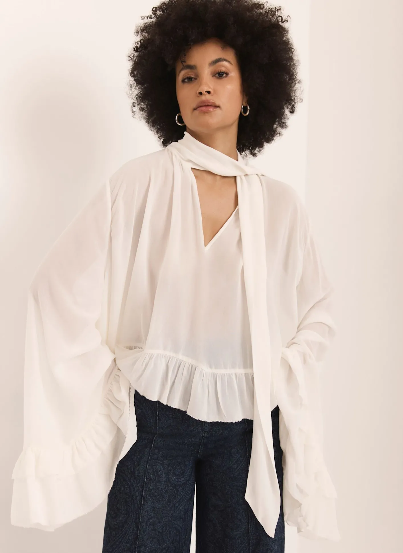 Clearance Cream Ruffle Tie Detail Blouse Shirts & Blouses