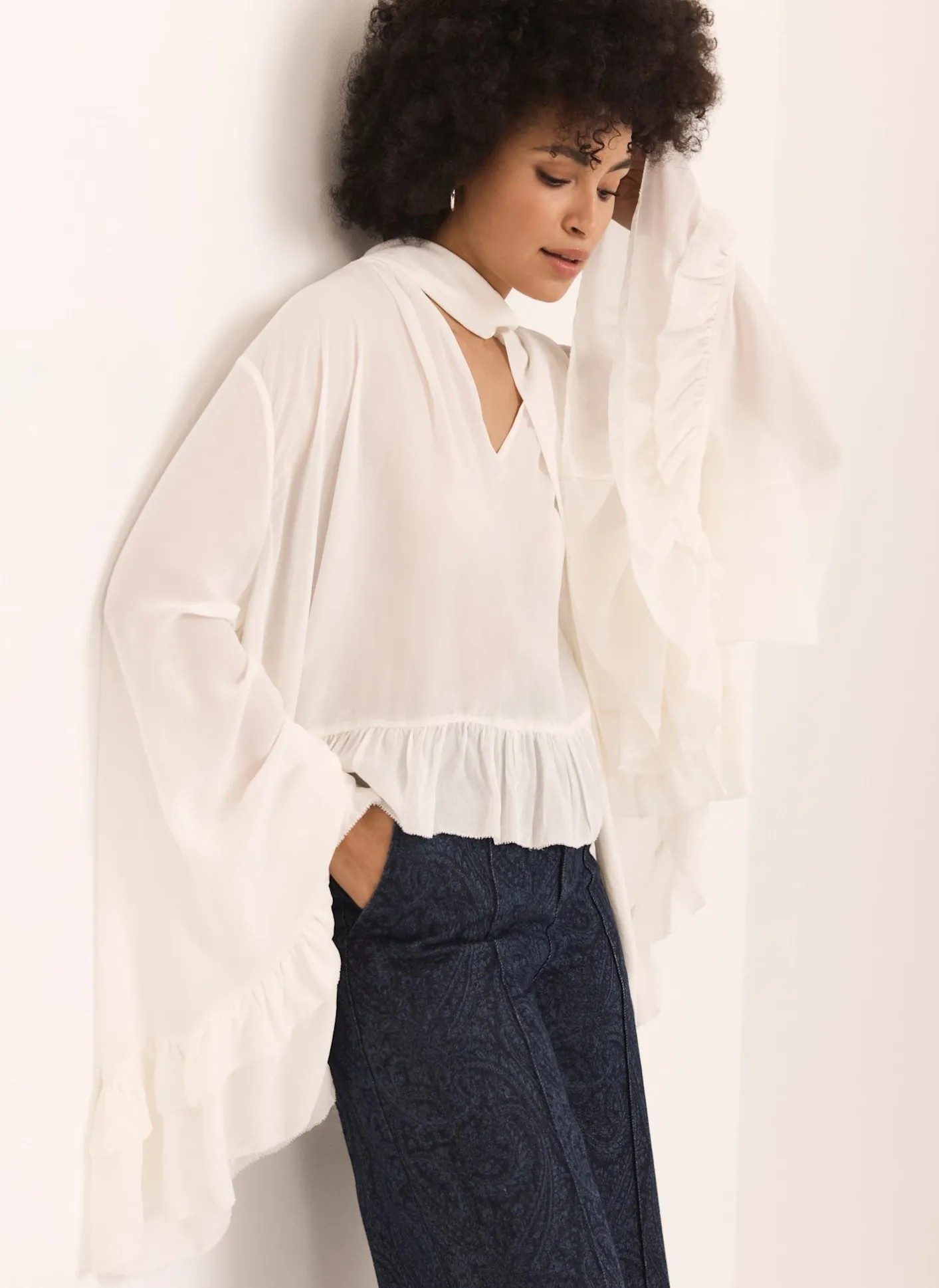 Clearance Cream Ruffle Tie Detail Blouse Shirts & Blouses