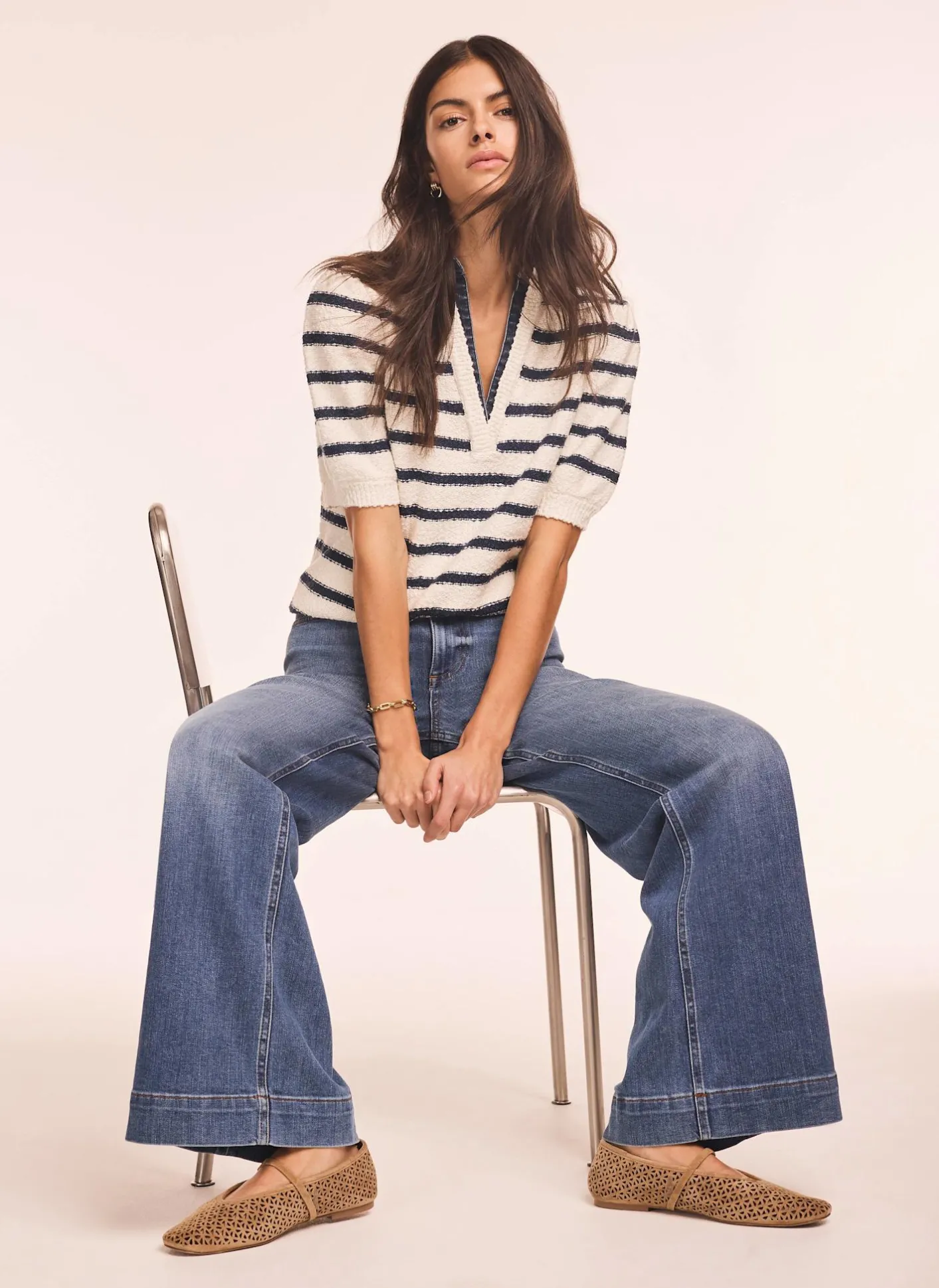 Sale Cream Striped Knit Denim Detail Tops Jumpers|Jumpers & Cardigans
