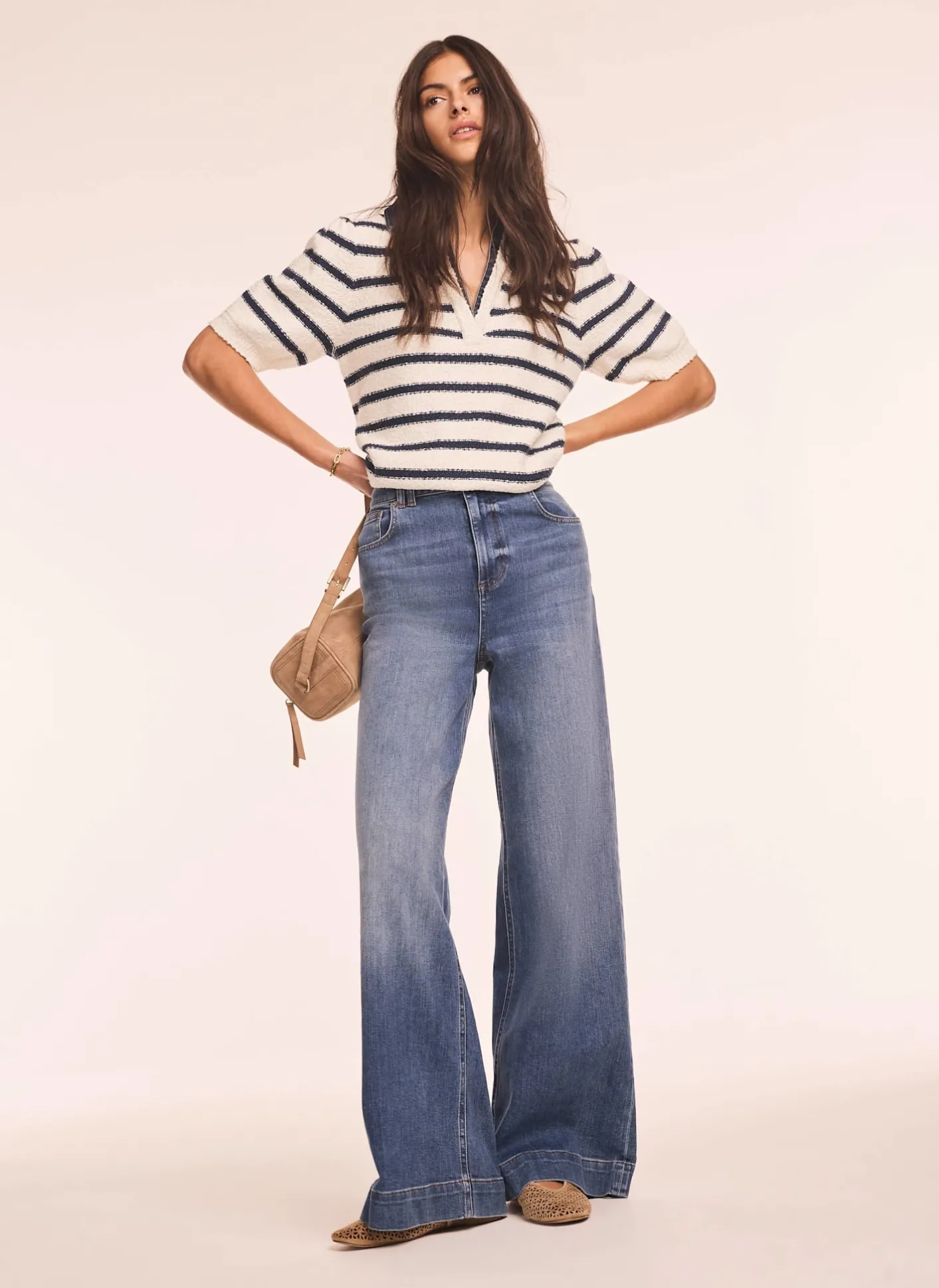 Sale Cream Striped Knit Denim Detail Tops Jumpers|Jumpers & Cardigans