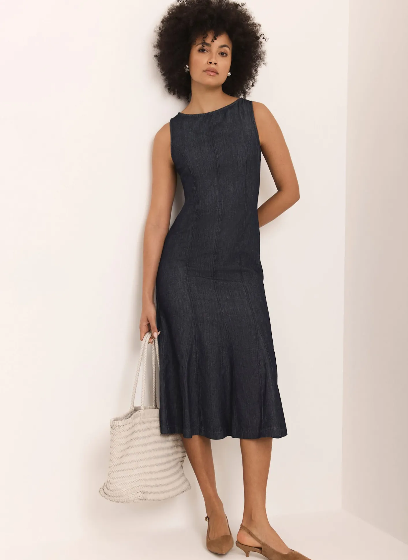 New Dark Indigo Denim Midi Dress Midi Dresses|Denim Dresses
