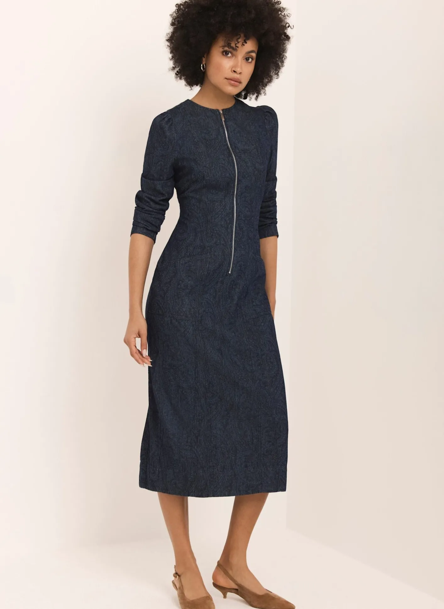 Dark Indigo Paisley Print Denim Midi Dress Denim Dresses|Denim Dresses