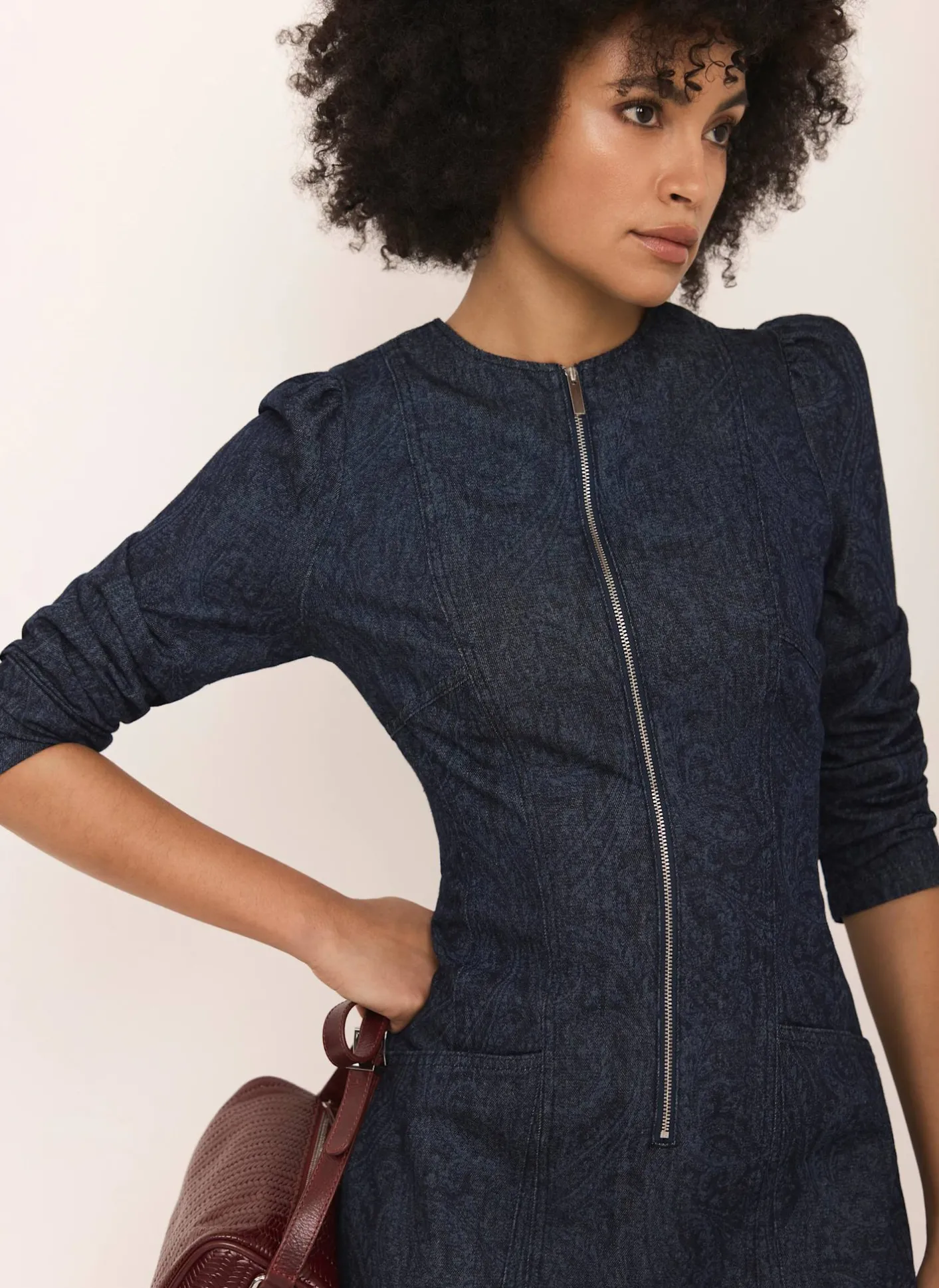 Dark Indigo Paisley Print Denim Midi Dress Denim Dresses|Denim Dresses
