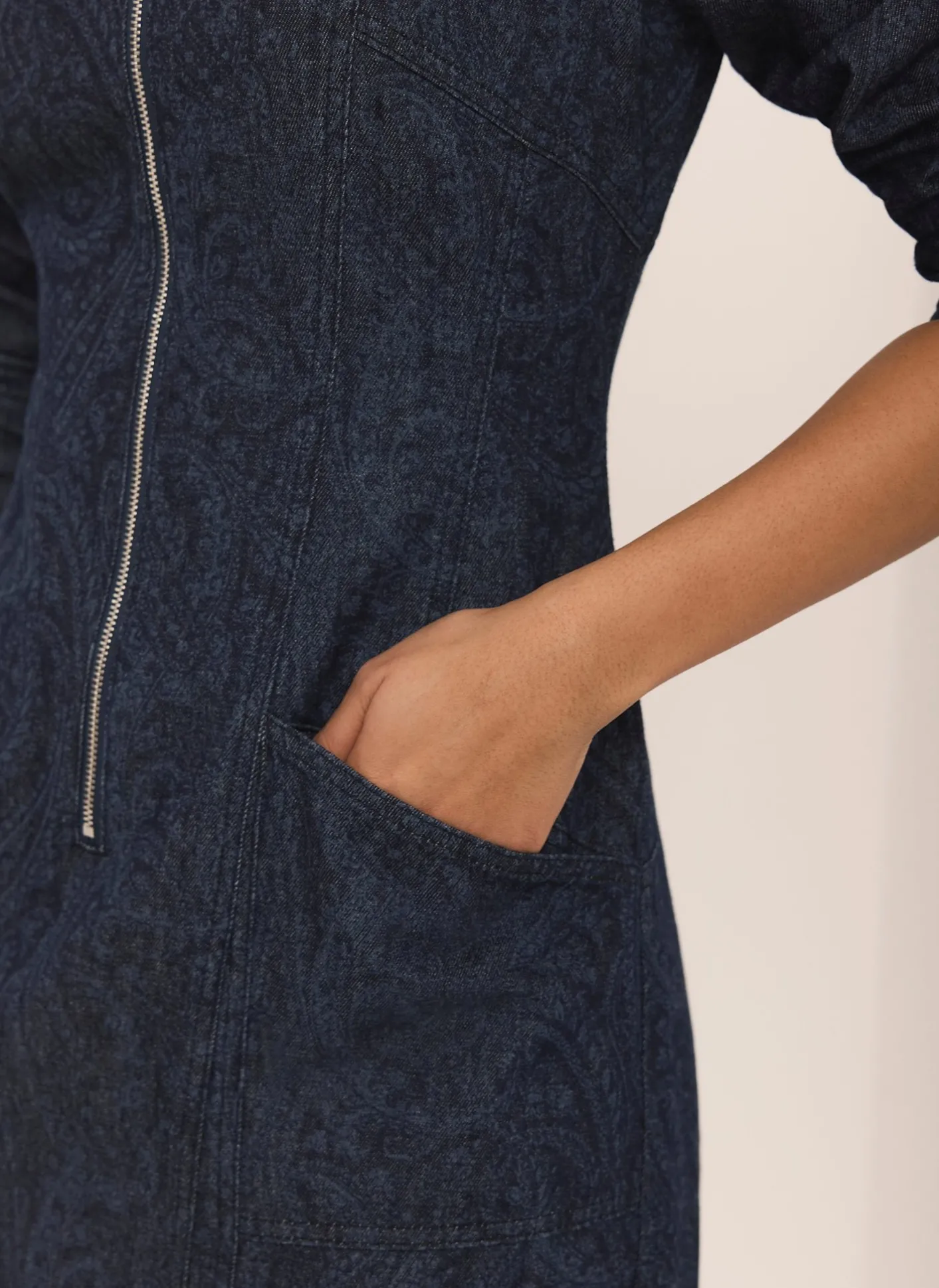 Dark Indigo Paisley Print Denim Midi Dress Denim Dresses|Denim Dresses