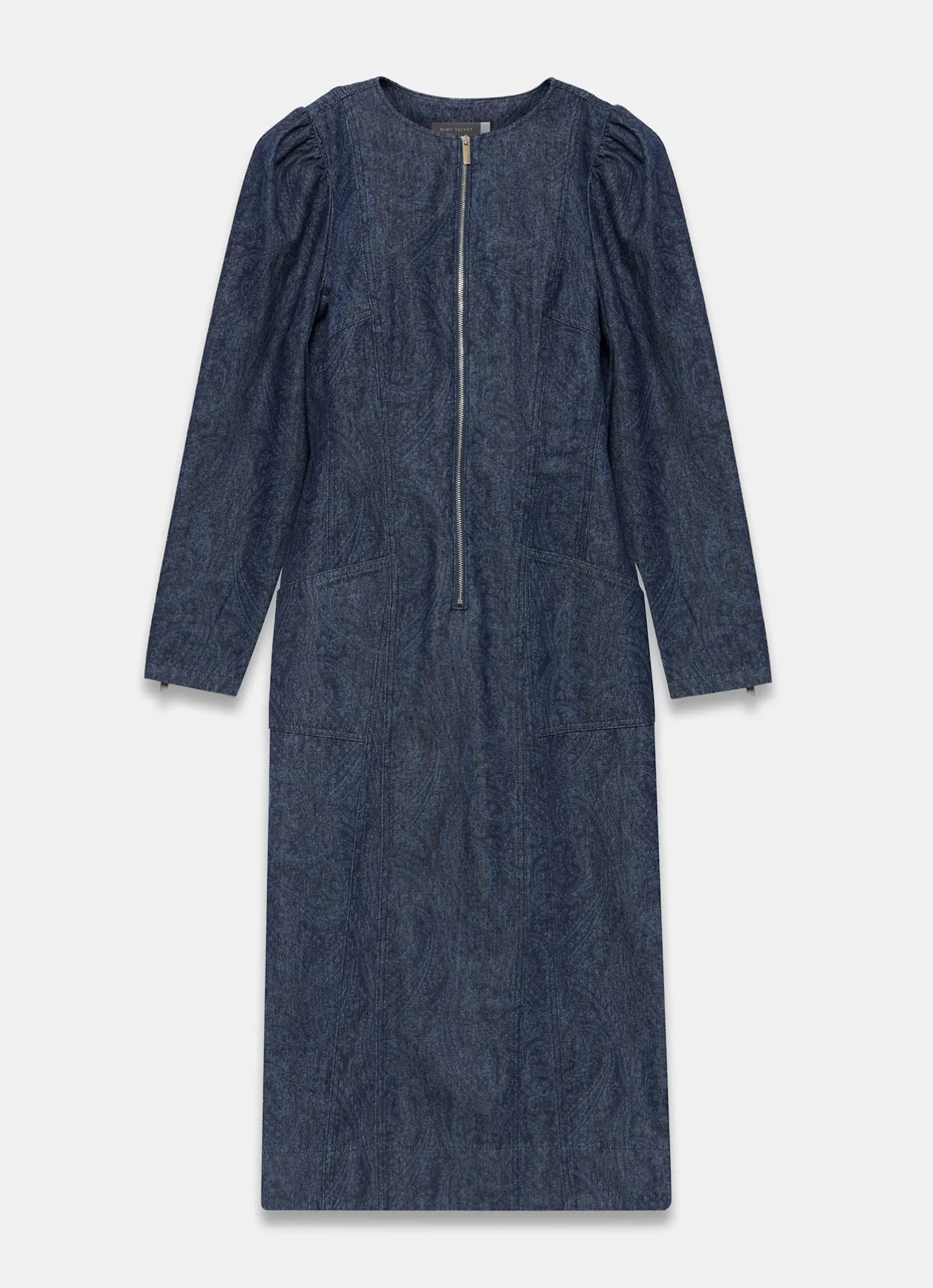 Dark Indigo Paisley Print Denim Midi Dress Denim Dresses|Denim Dresses