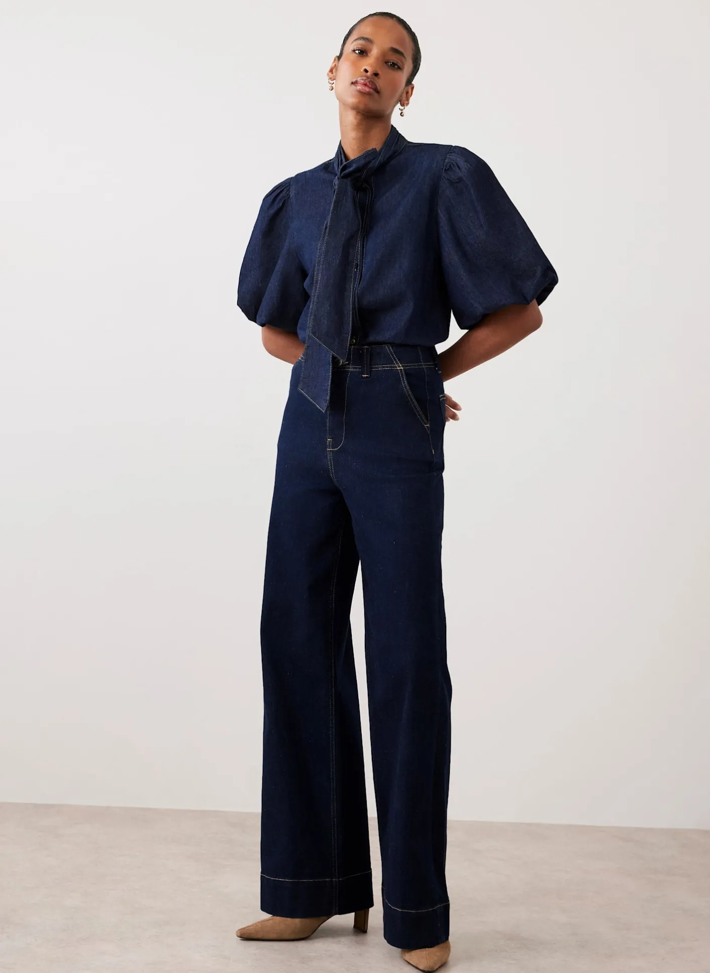 Outlet Dark Indigo Puff Sleeve Denim Shirt Shirts & Blouses