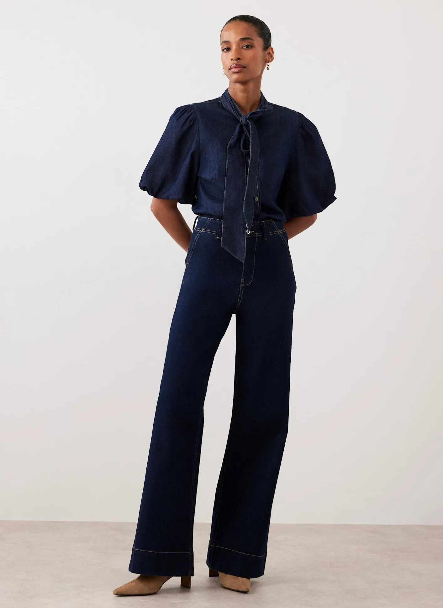 Outlet Dark Indigo Puff Sleeve Denim Shirt Shirts & Blouses