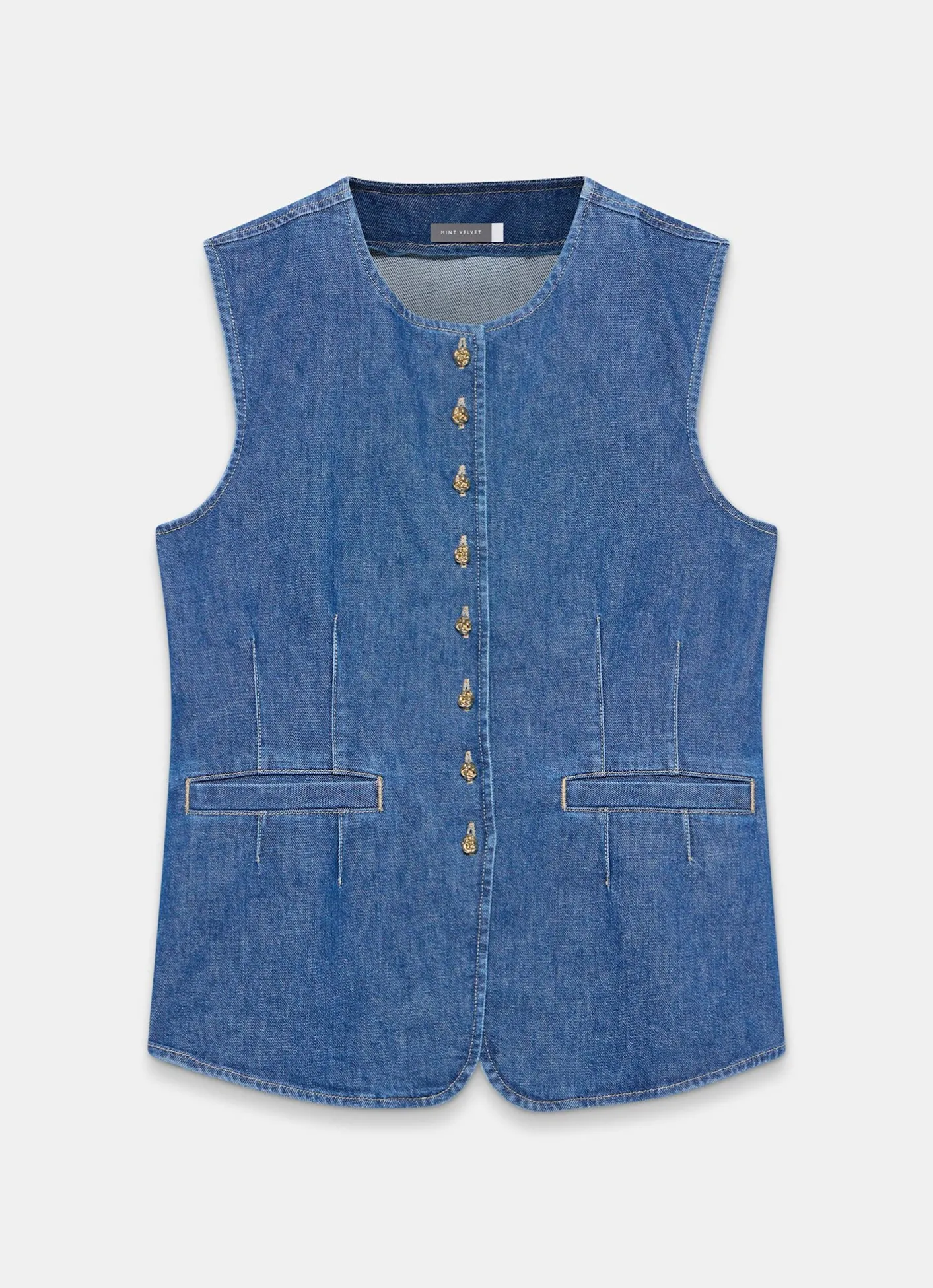 Discount Indigo Denim Longline Waistcoat Waistcoats|Denim Jackets