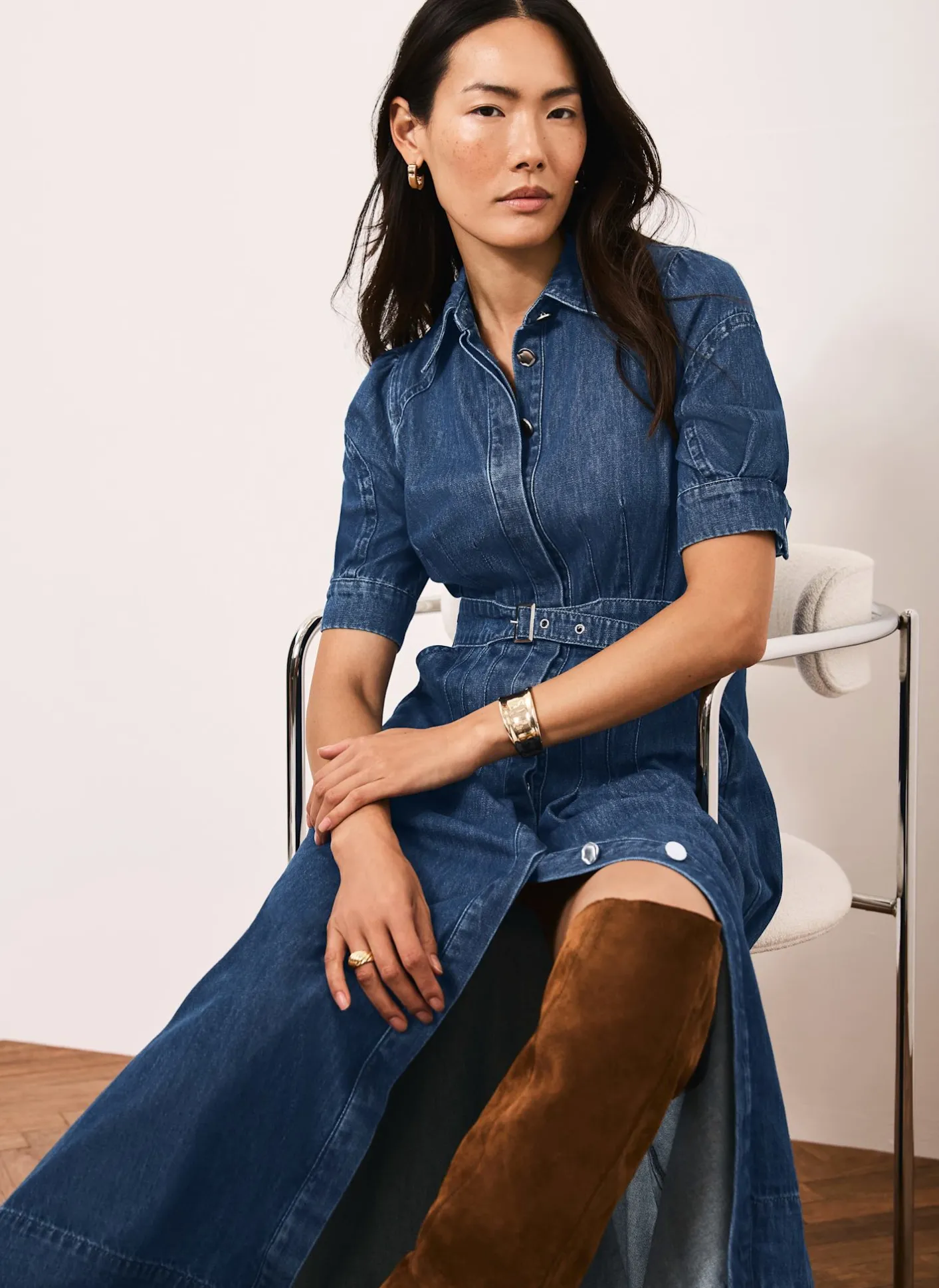 New Indigo Denim Midi Shirt Dress Midi Dresses|Denim Dresses