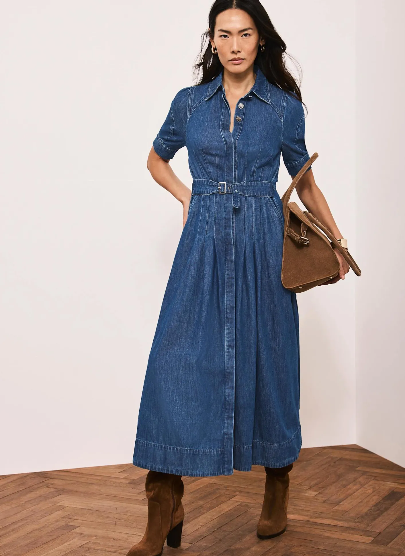 New Indigo Denim Midi Shirt Dress Midi Dresses|Denim Dresses