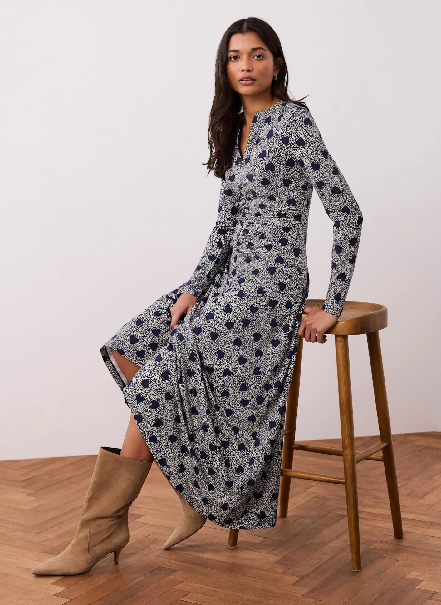 Online Heart Print Zip Front Midi Dress Midi Dresses|Printed Dresses