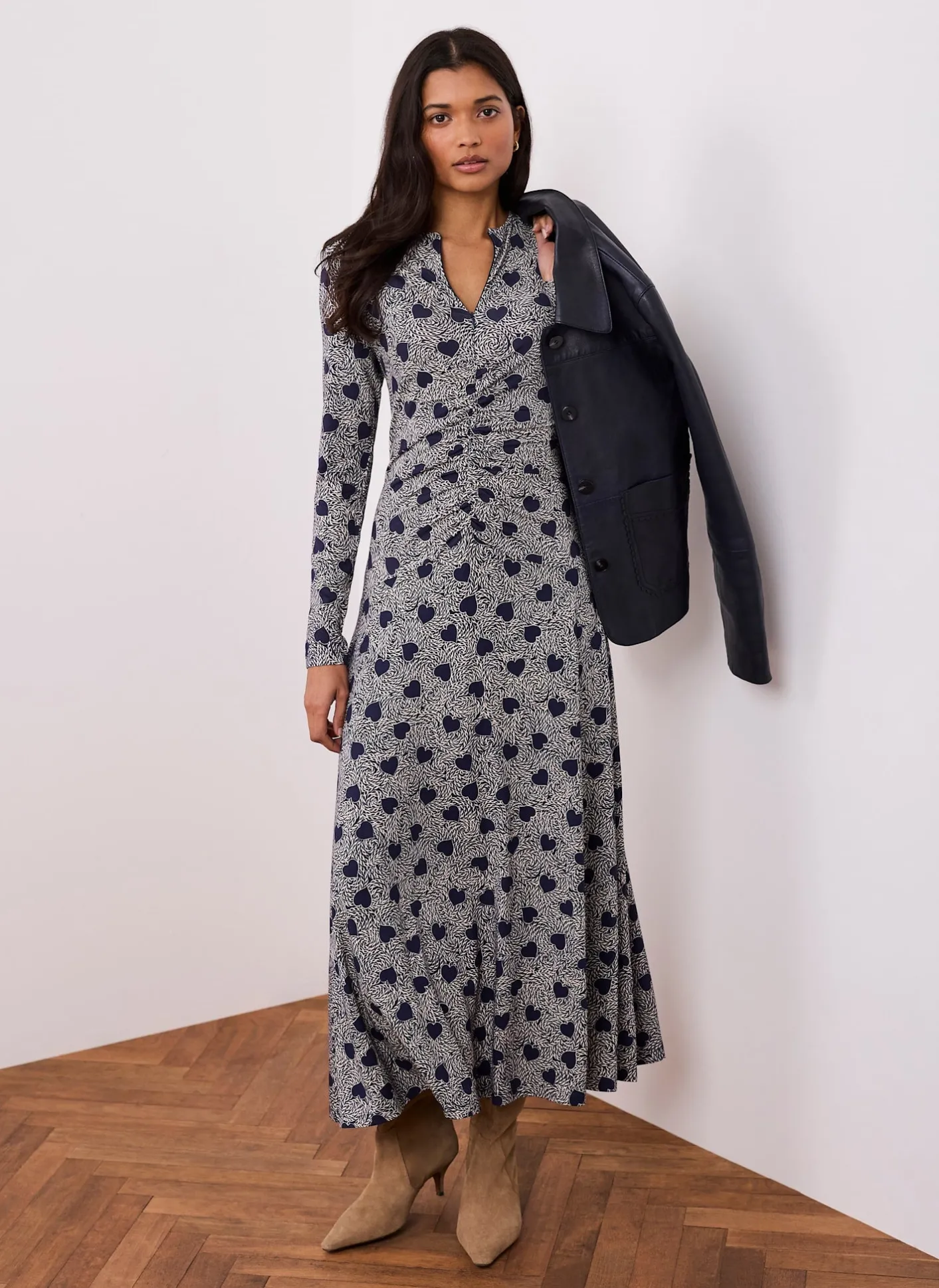 Online Heart Print Zip Front Midi Dress Midi Dresses|Printed Dresses