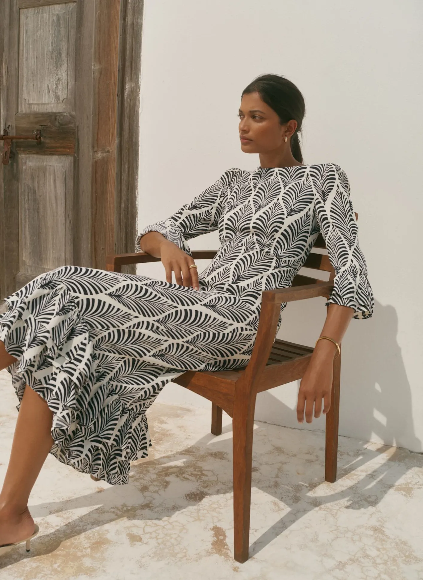 Outlet Navy Leaf Print Ruffle Detail Midi Dress Occasion Dresses|Occasion Dresses