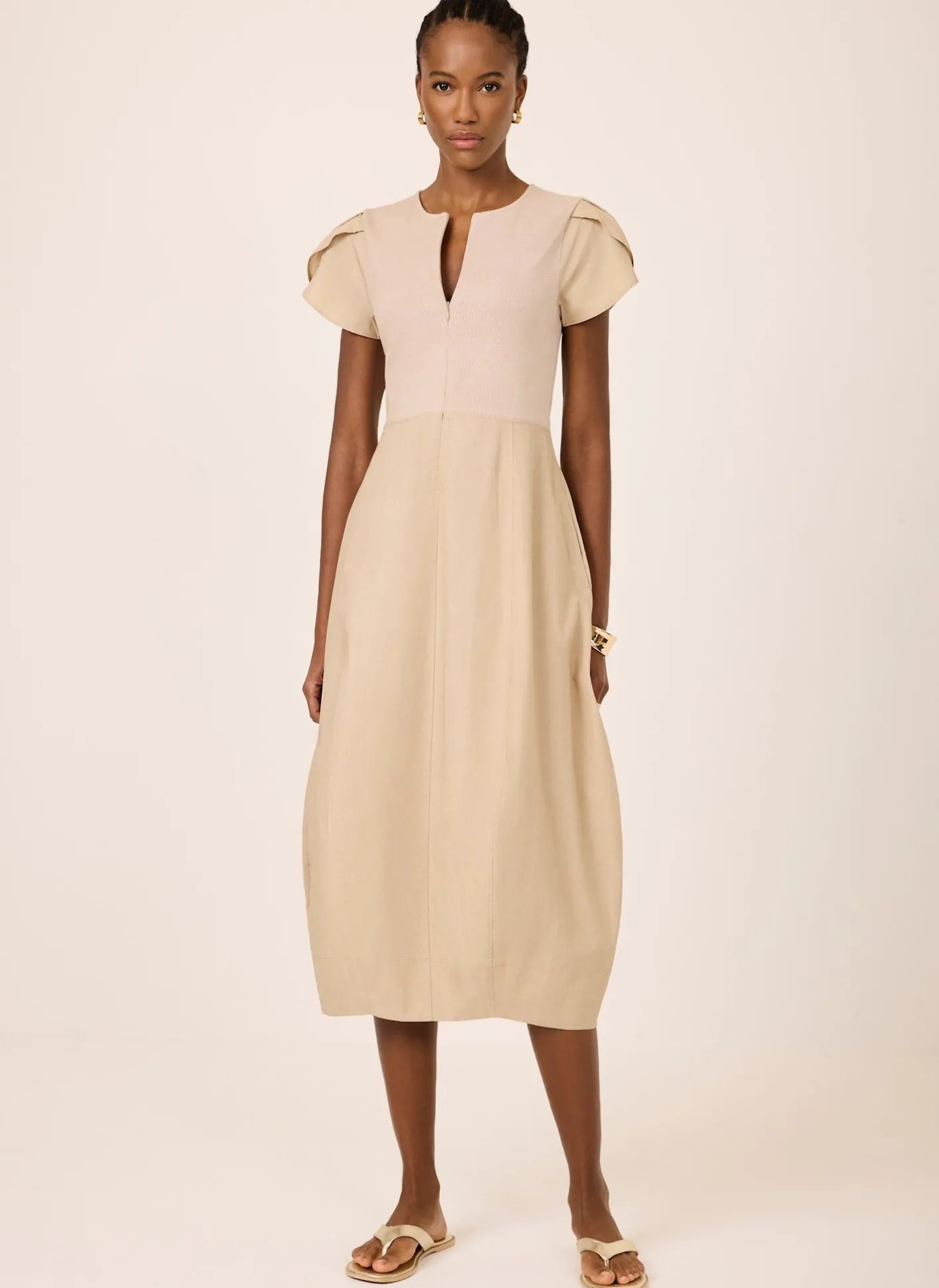 Best Neutral Cotton Blend Tulip Hem Midi Dress Midi Dresses