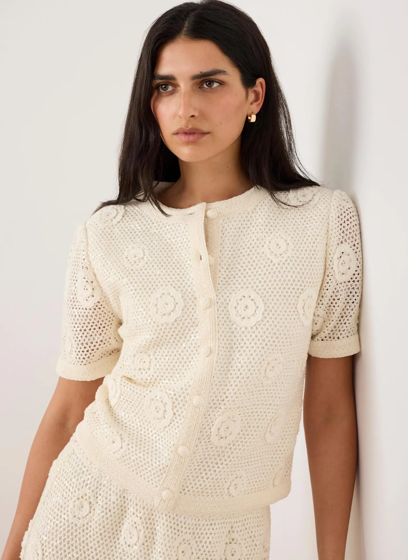 Cotton Sequin Floral Crochet Top Crochet