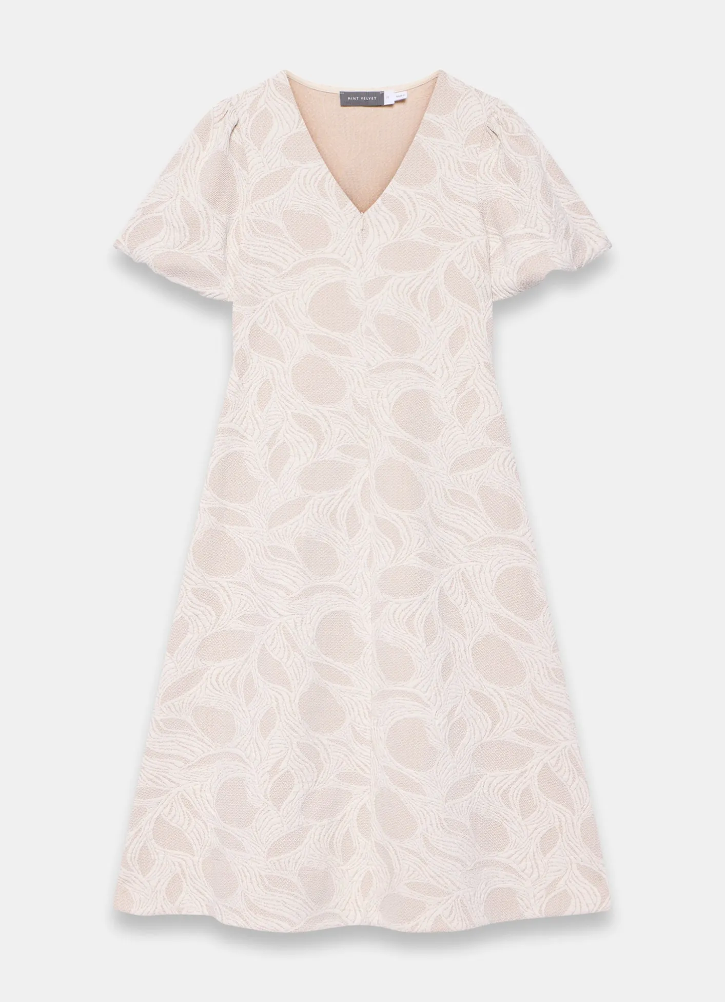 New Neutral Jacquard Puff Sleeve Midi Dress Summer Dresses|Midi Dresses