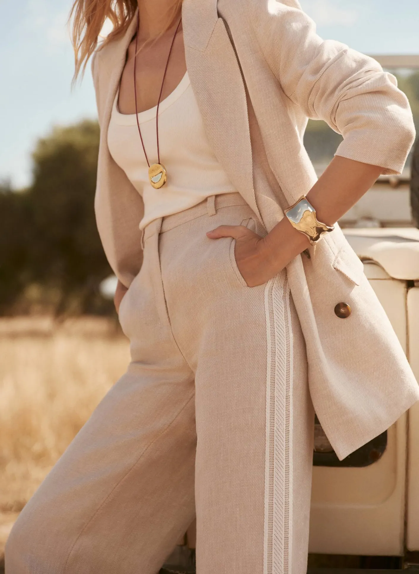 Sale Linen Side Stripe Trousers Wide Leg Trousers|Trousers