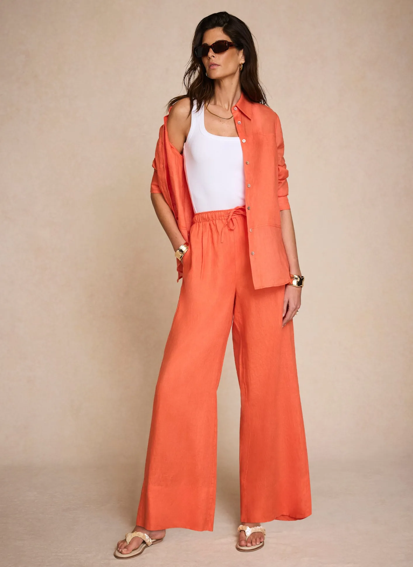 Clearance Linen Drawstring Wide Leg Trousers Wide Leg Trousers|Trousers