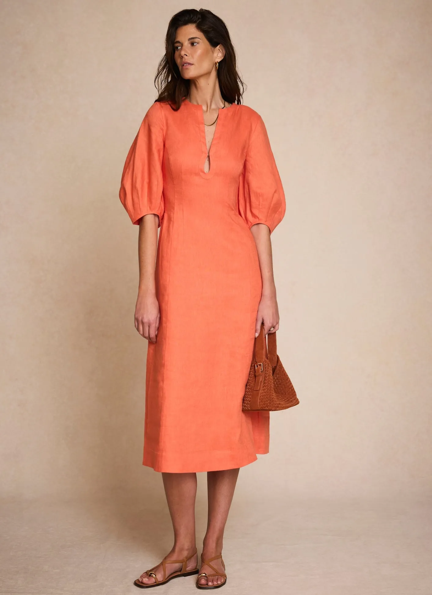 Clearance Linen Puff Sleeve Midi Dress Summer Dresses|Midi Dresses