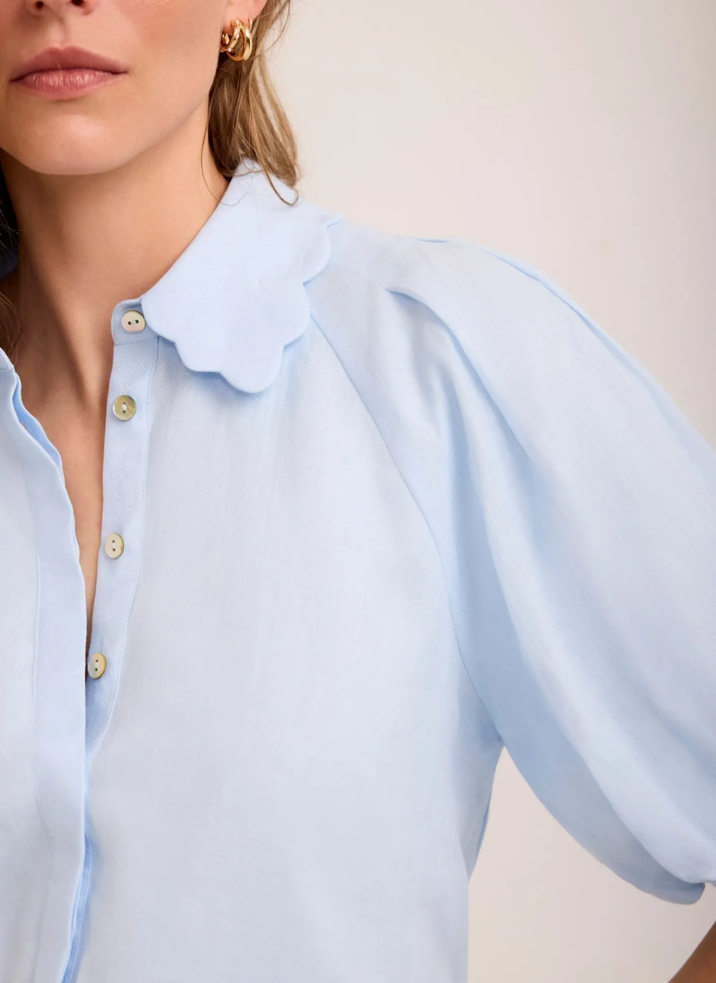 Outlet Pale Ramie Scallop Puff Sleeve Shirt Shirts & Blouses