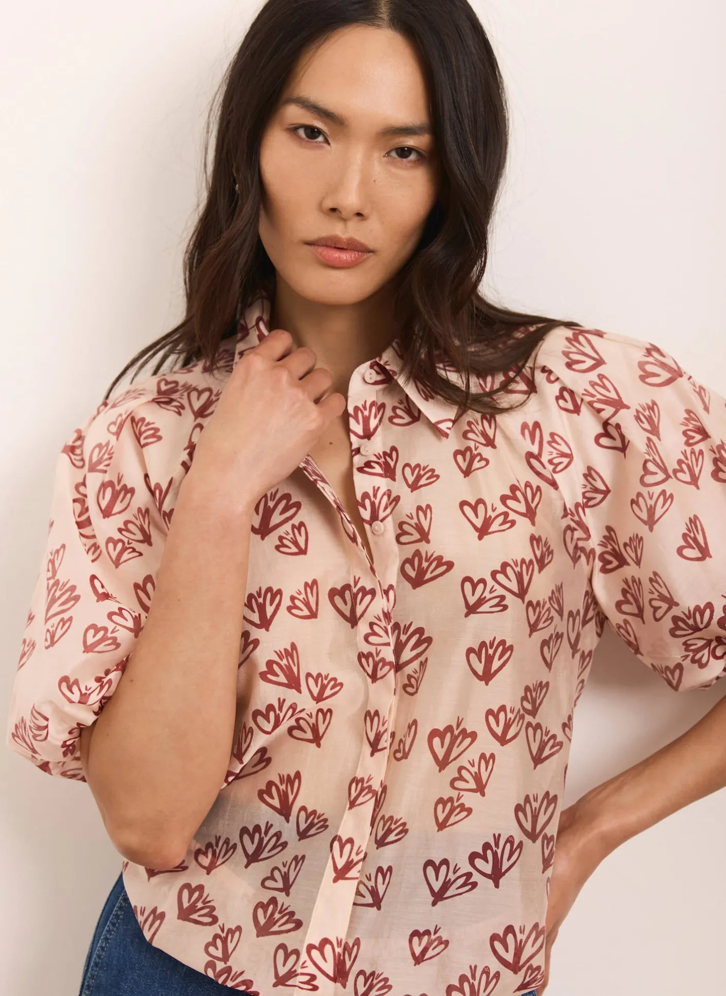 Best Pink Heart Print Puff Sleeve Shirt Shirts & Blouses