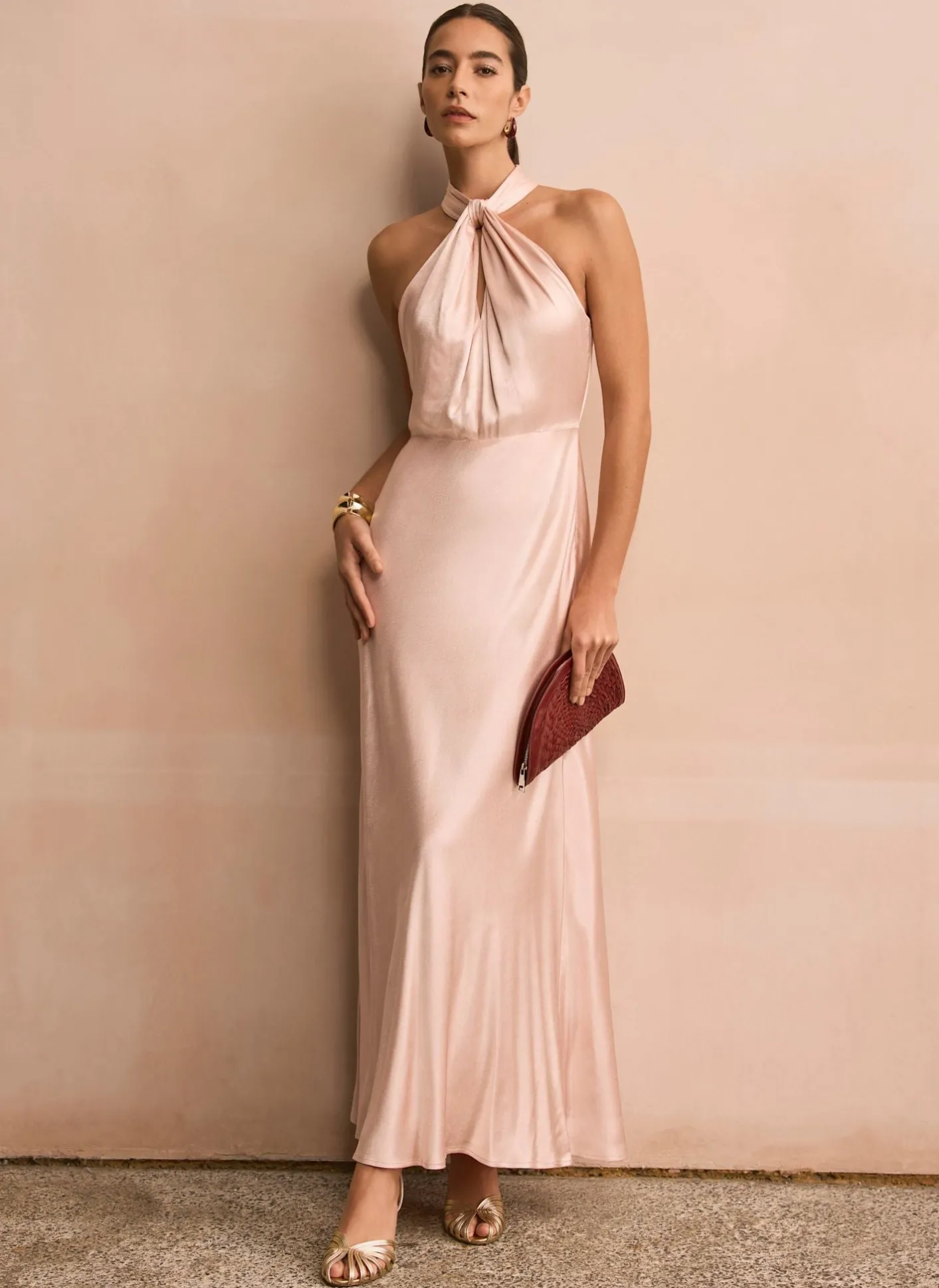Online Pink Satin Halter Maxi Dress Occasion Dresses|Occasion Dresses