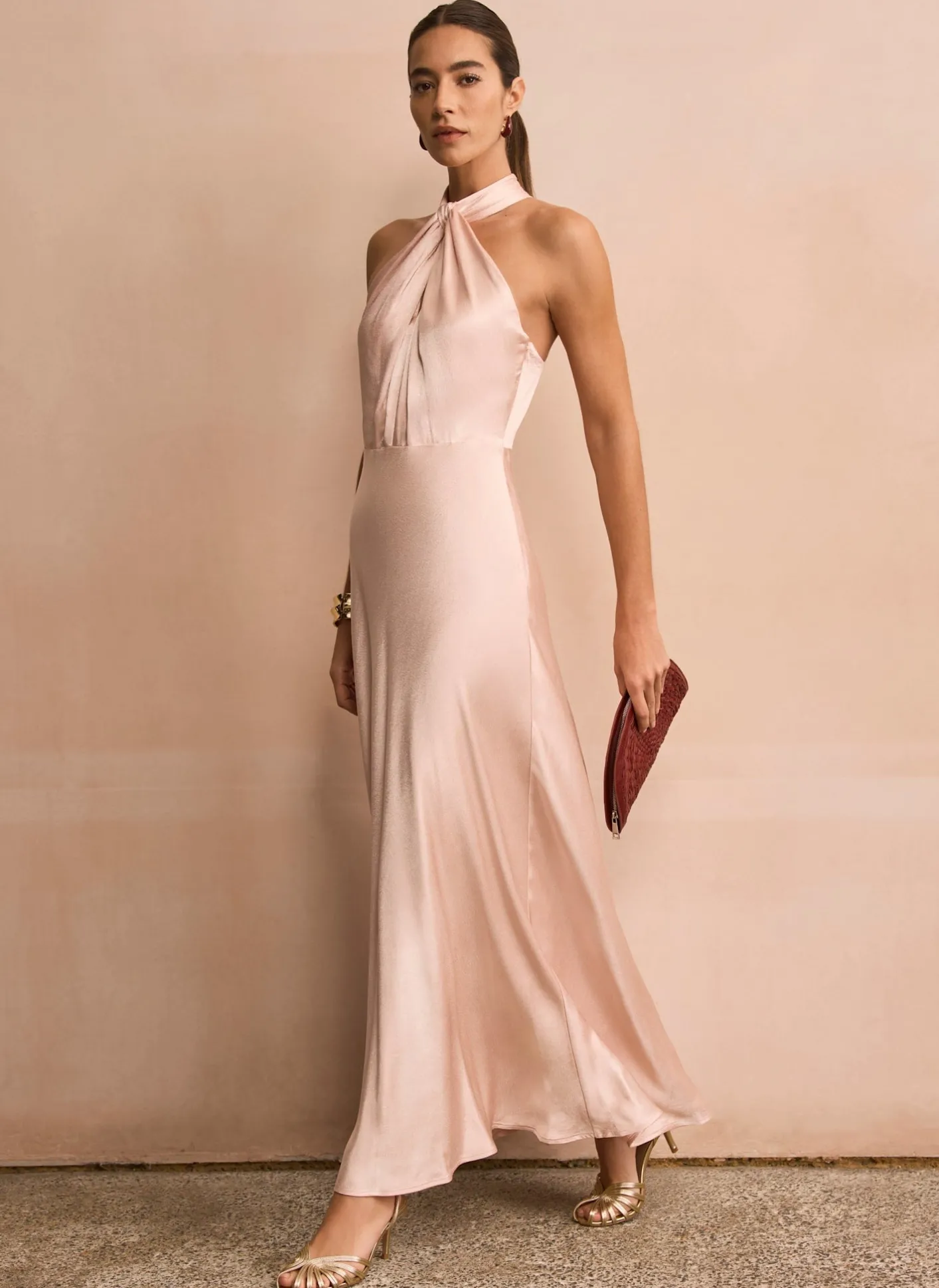 Online Pink Satin Halter Maxi Dress Occasion Dresses|Occasion Dresses