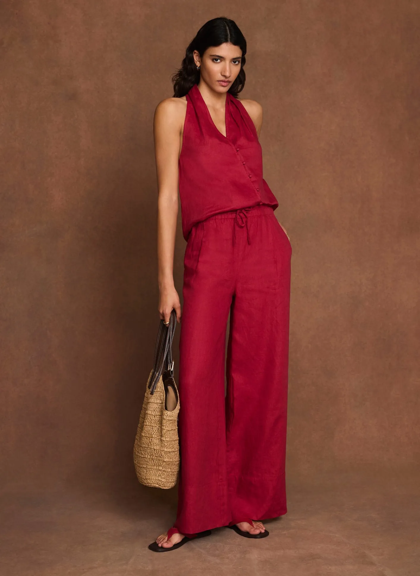 Sale Linen Drawstring Wide Leg Trousers Wide Leg Trousers|Trousers