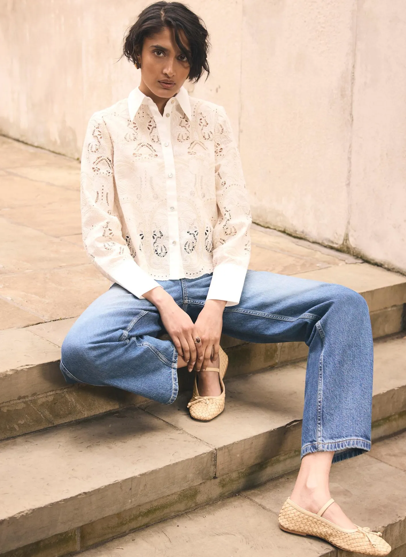 Sale White Broderie Cropped Shirt Shirts & Blouses