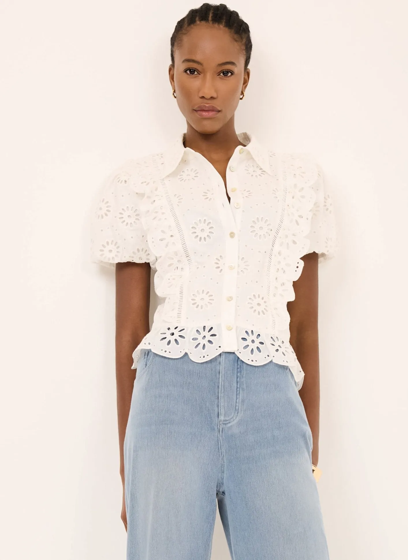 Clearance White Cotton Broderie Detail Shirt Shirts & Blouses